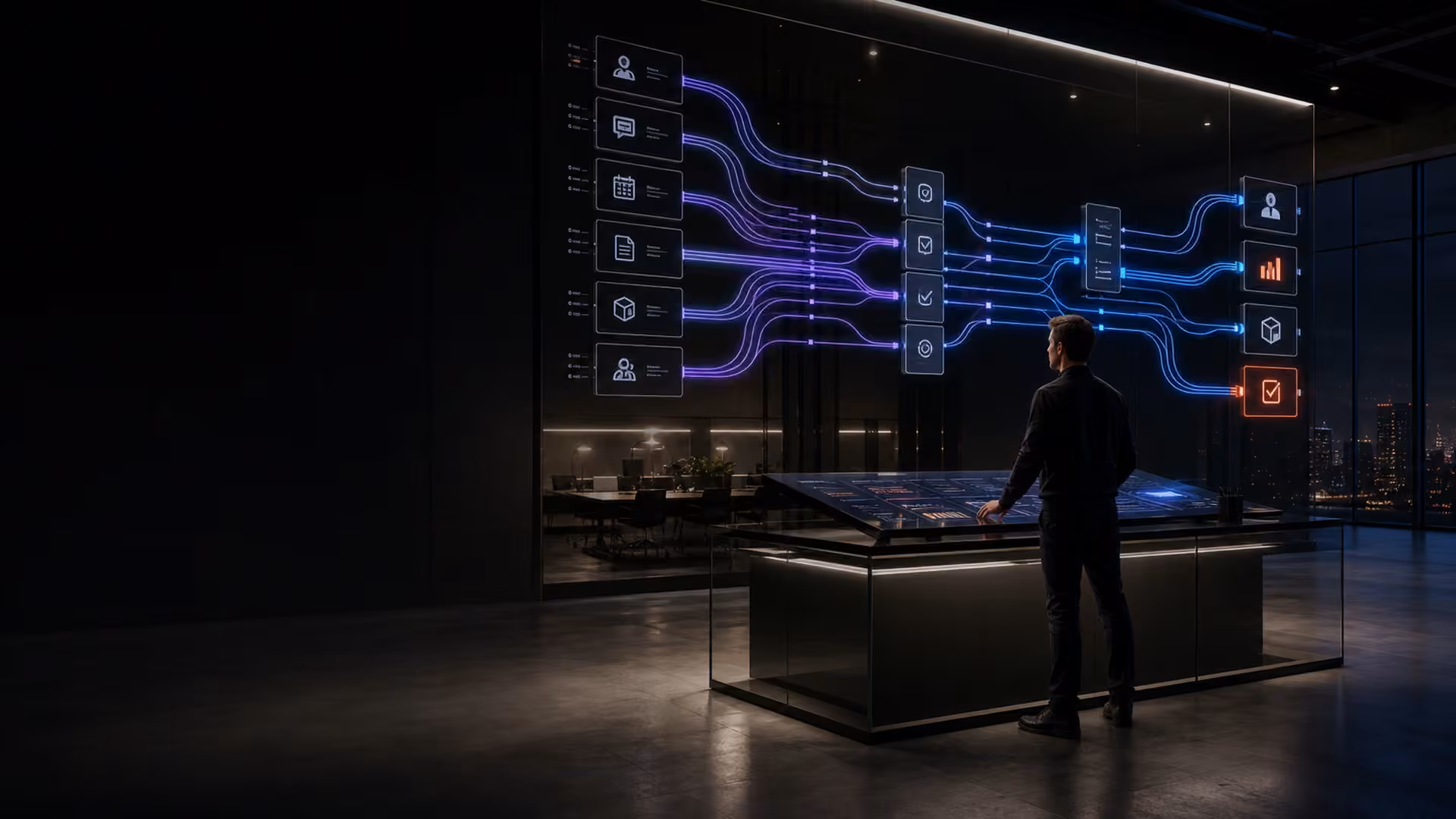 An operator directing connected business inputs through approvals and completed actions in a spatial automation studio.
