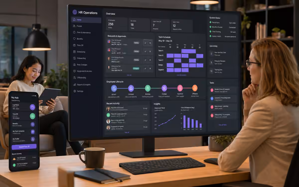 An employee HR operations database connecting self-service, scheduling, benefits, approvals and lifecycle records.