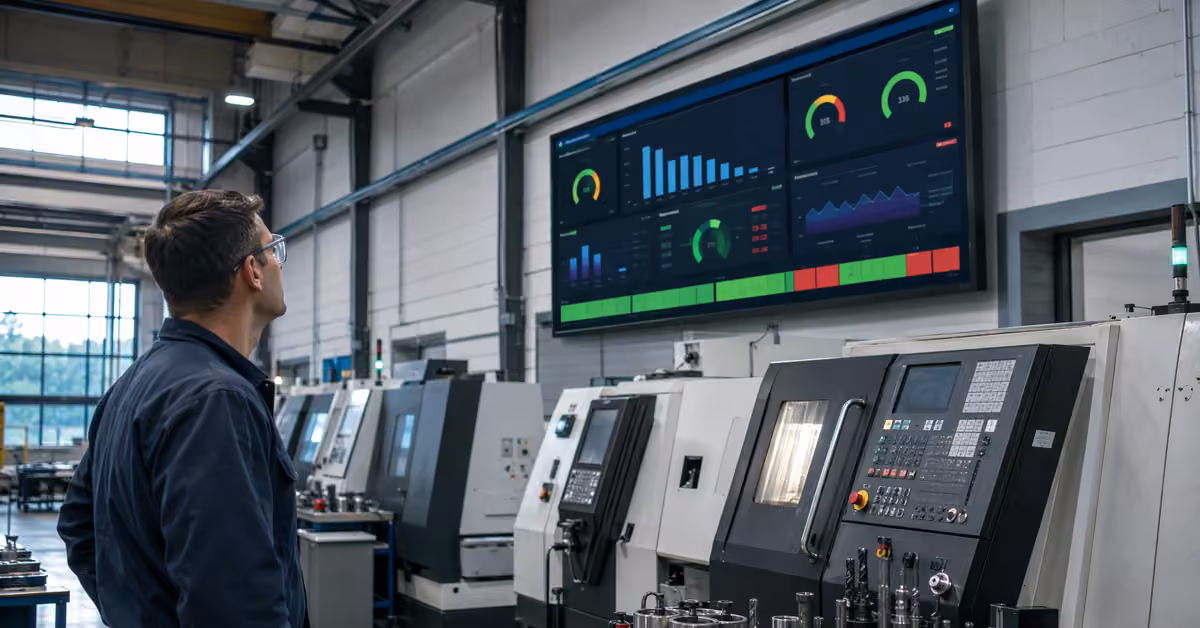 Operator beside a wall-mounted production dashboard in a machining hall.