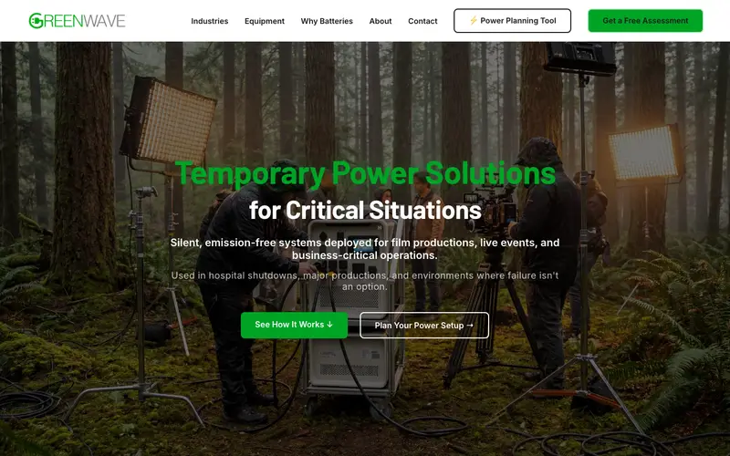Greenwave Rentals homepage — battery-power rentals for film and events.