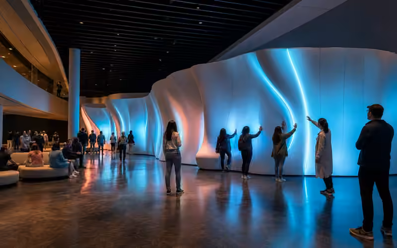 Visitors interacting with a large luminous sculptural installation integrated into a cultural venue.
